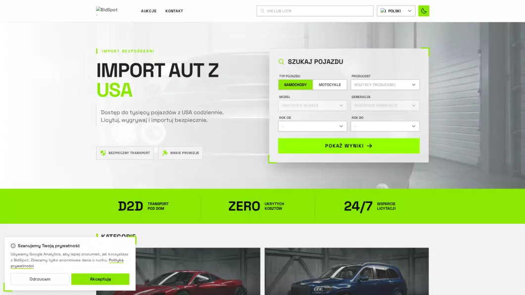 Import, sprowadzenia aut z USA | BidSpot - podgląd
